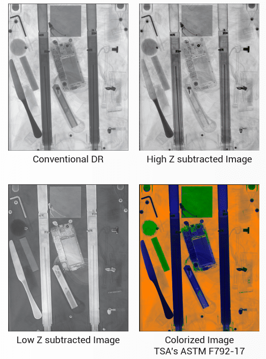 four examples of reveal r 35c's dual energy airport x-ray scanner. There's a traditional DR image, high density and low density image, and colourized x ray image.