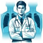 illustration of a doctor thinking, and behind him there are representations of xray images.